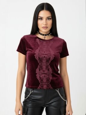 Free People Burgundy Velvet Baby Tee Gothic Y2K Fitted Top Size S